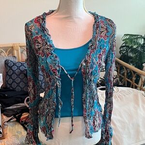 No Boundaries Turquoise and Magenta Paisley Sheer Cardigan